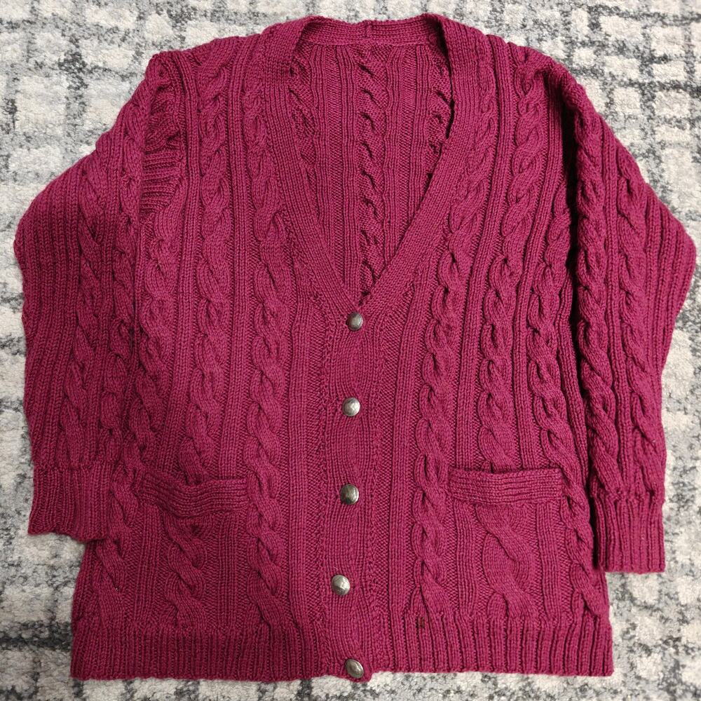 Vintage 80s Hand Knit Chunky Wool Cardigan Buffalo Nickel Coin Buttons Burgundy
